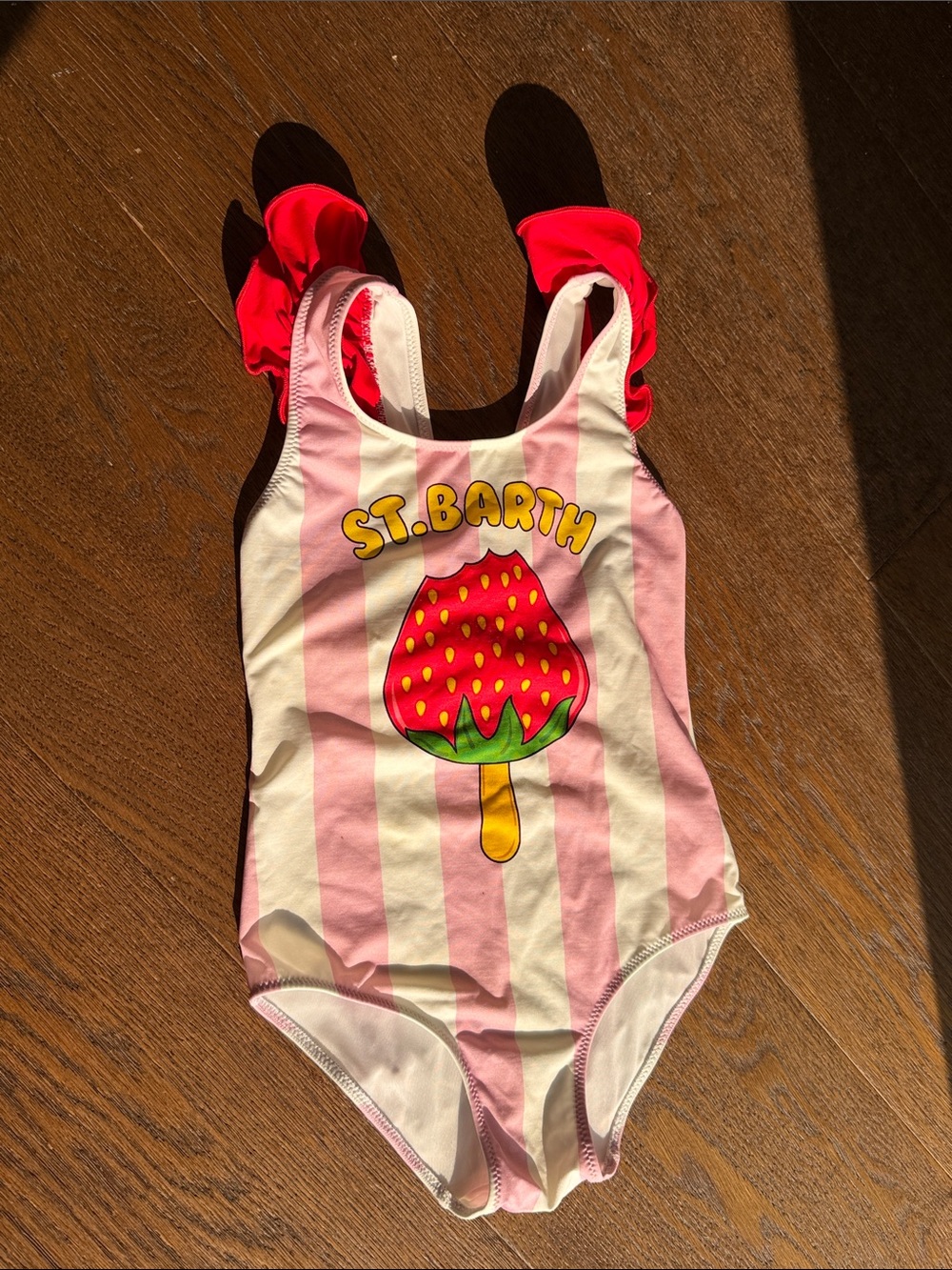 MC2 Saint Barth Girls 4T Pink Stripe One-Piece Swimsuit with Red Ruffle Straps